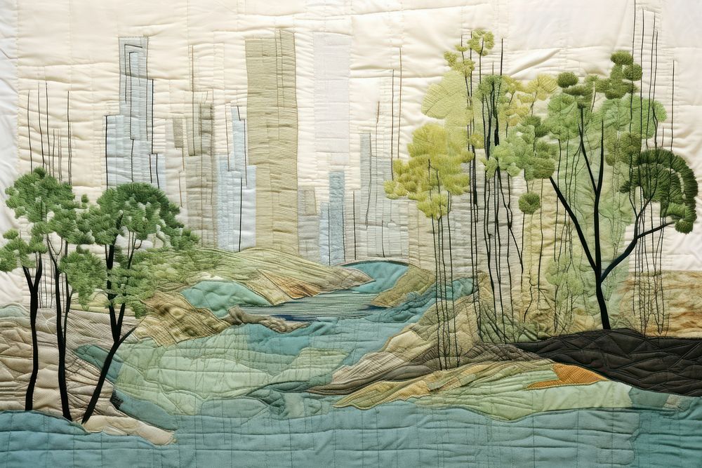 Embroidery with nice city park by the lake landscape painting pattern.