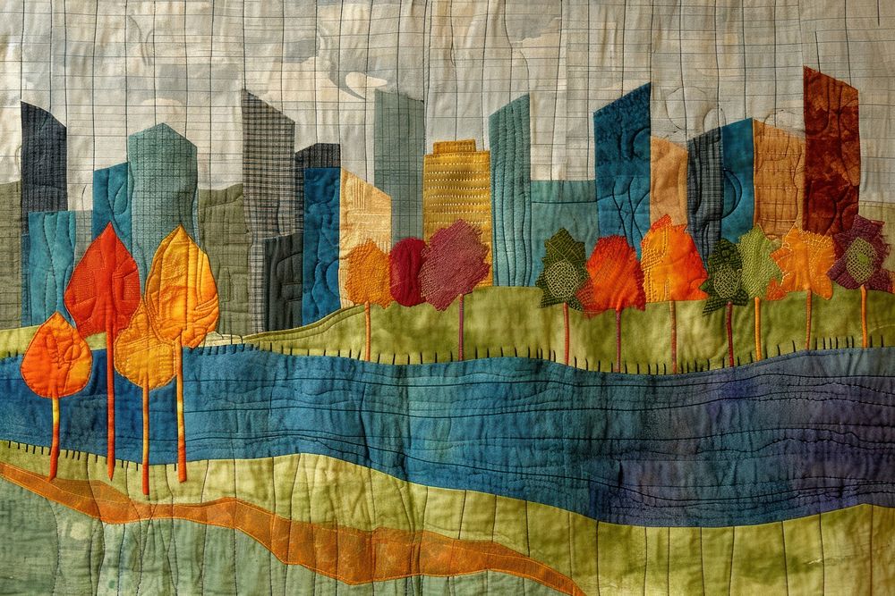 Embroidery with nice city park by the lake quilting textile pattern.