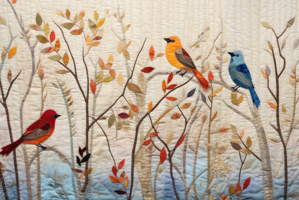 Embroidery with birds in colorful foliage needlework textile pattern.