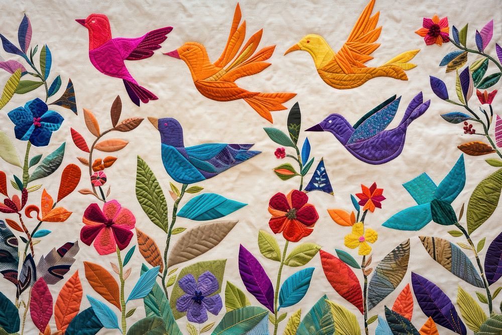 Embroidery with birds in colorful foliage needlework quilting textile.