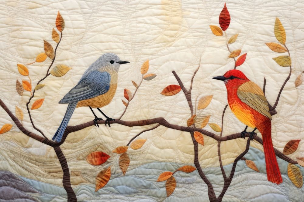 Embroidery with birds in colorful foliage textile pattern animal.