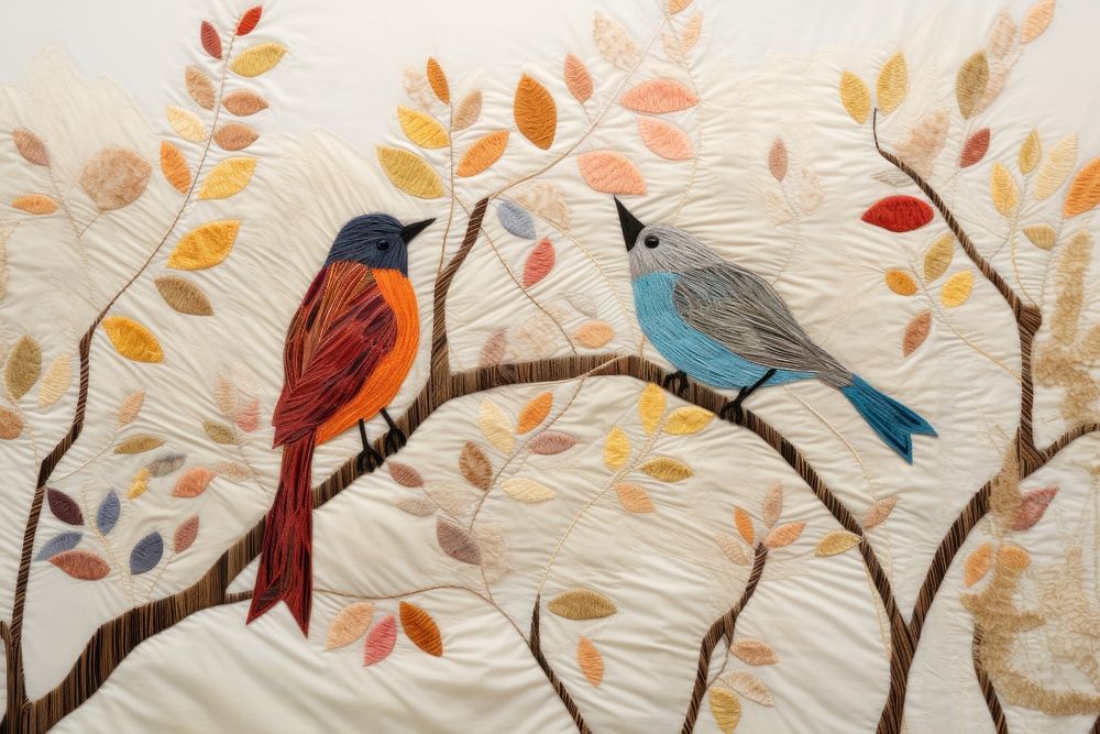 Embroidery with birds in colorful foliage pattern animal quilt.