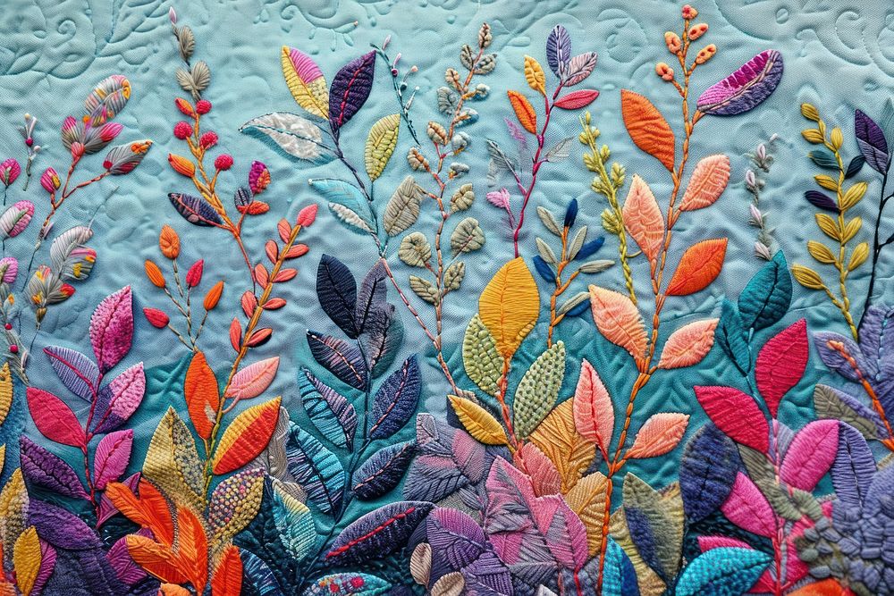 Embroidery with colorful foliage quilting pattern textile.