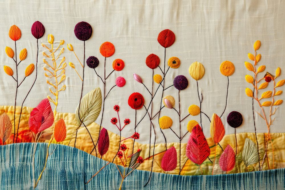 Embroidery with colorful foliage needlework quilting textile.