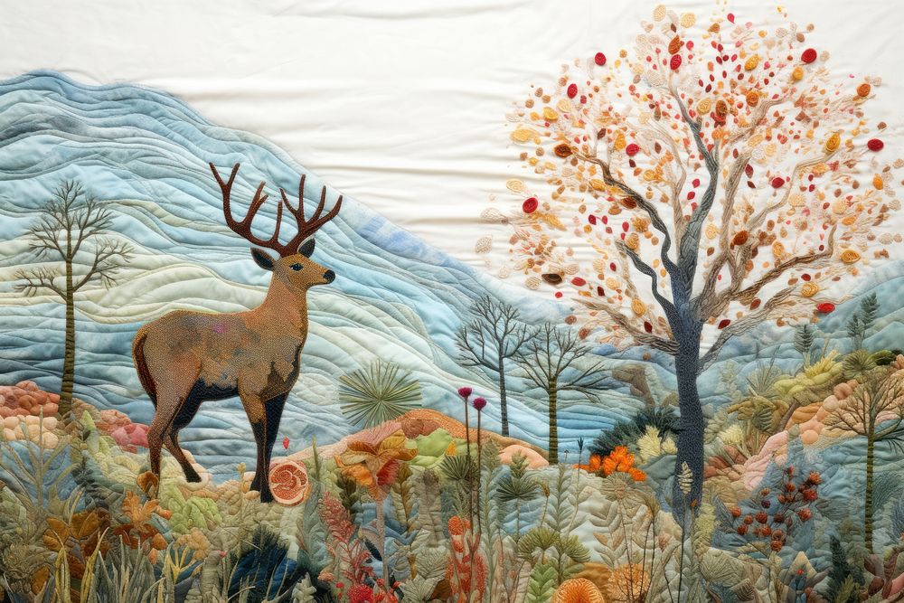 Embroidery with deer in colorful foliage wildlife painting animal.