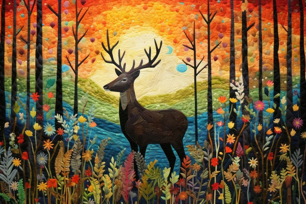 Embroidery with deer in colorful foliage painting mammal animal.