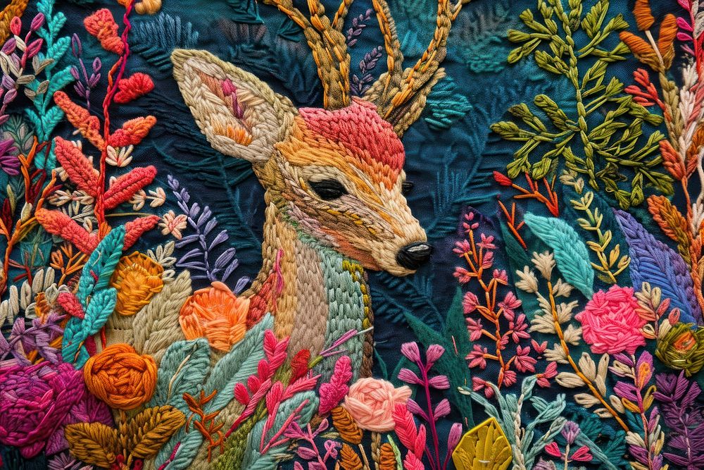 Embroidery with deer in colorful foliage pattern textile animal.