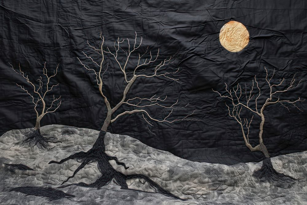 Embroidery with dry trees on dark sky outdoors nature plant.