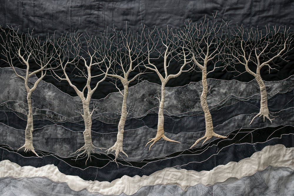 Embroidery with dry trees on dark sky textile plant art.