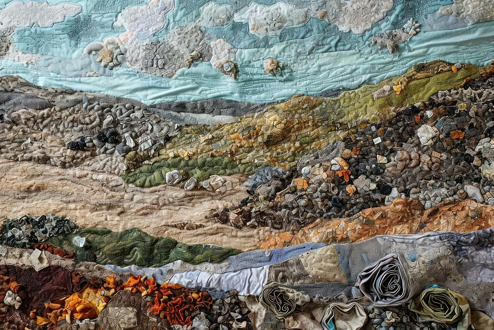 Landfill landscape with trash piles textile nature craft.