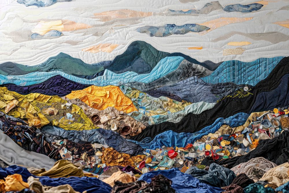 Landfill landscape with trash piles quilting textile craft.