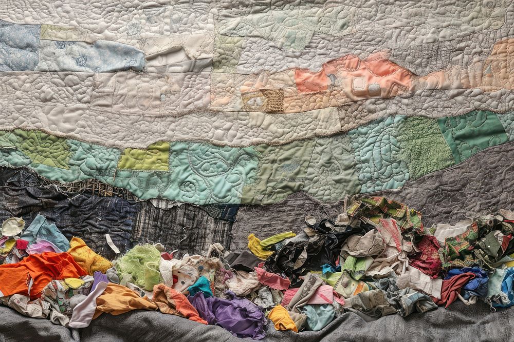 Landfill landscape with trash piles quilt quilting textile.