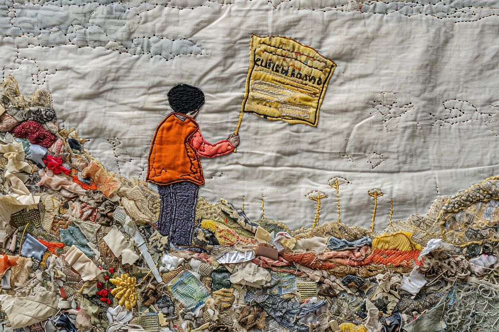 Small child holding placard poster on landfill textile art creativity.