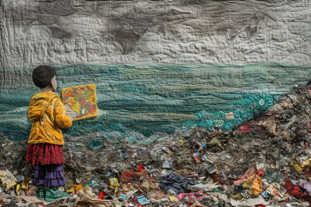 Small child holding placard poster on landfill adult creativity pollution.