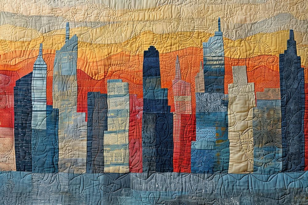 Embroidery with the skyline of the city quilting textile craft.