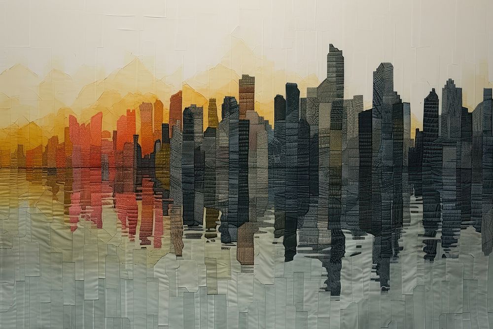Embroidery with the skyline of the city landscape painting art.