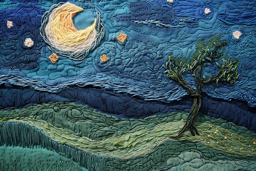 Embroidery starry sky meadow pattern quilt art.