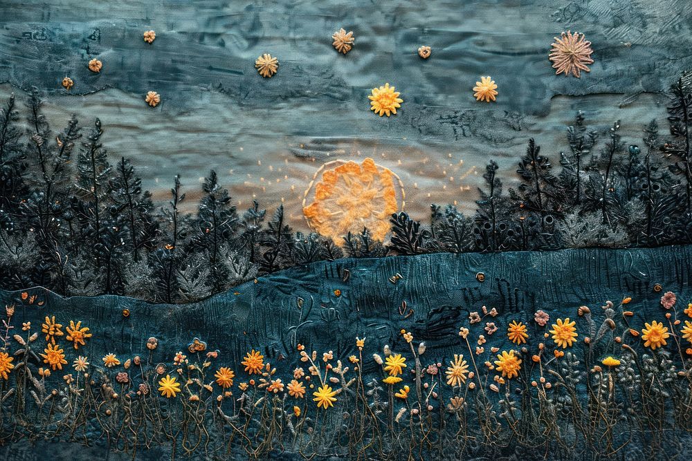 Embroidery starry sky meadow land landscape outdoors.
