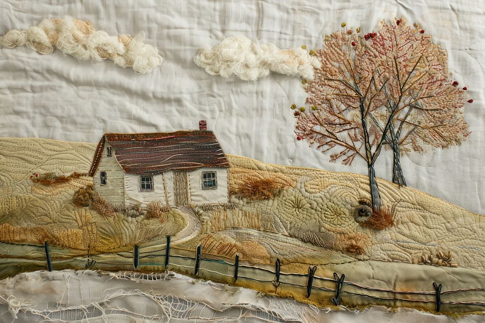House in farm needlework embroidery landscape.