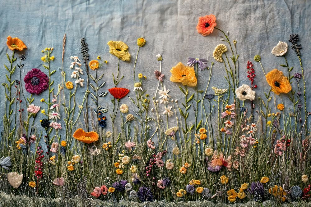 Embroidery is shown with meadow flowers textile plant art.