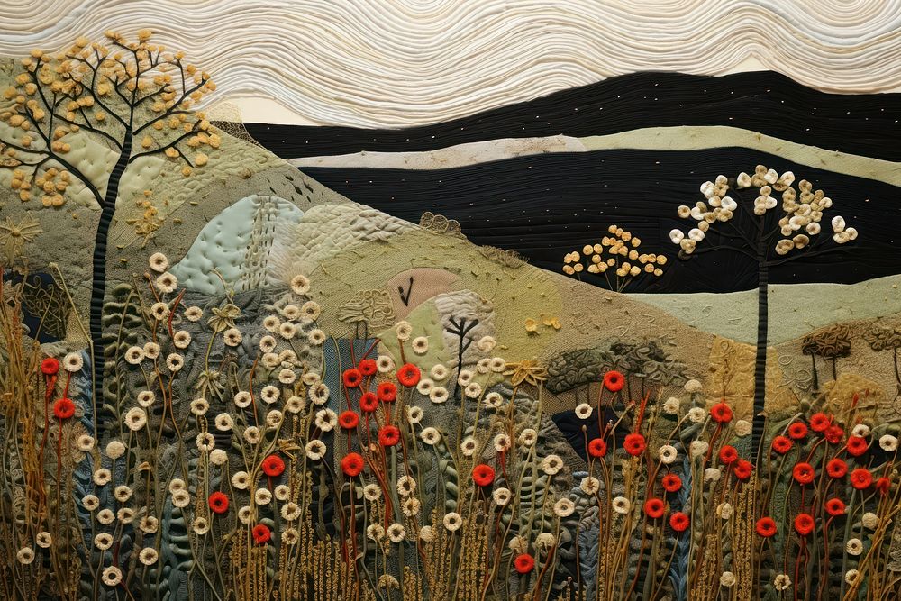 Embroidery is shown with meadow needlework landscape painting.