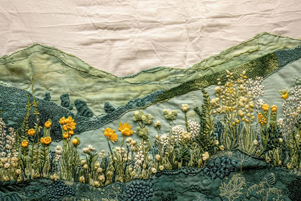 Meadow embroidery landscape textile.