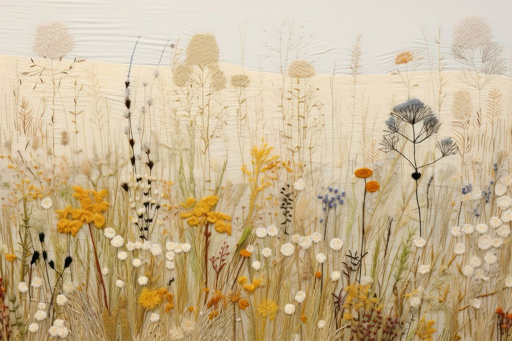 Embroidery is shown with meadow landscape outdoors painting.