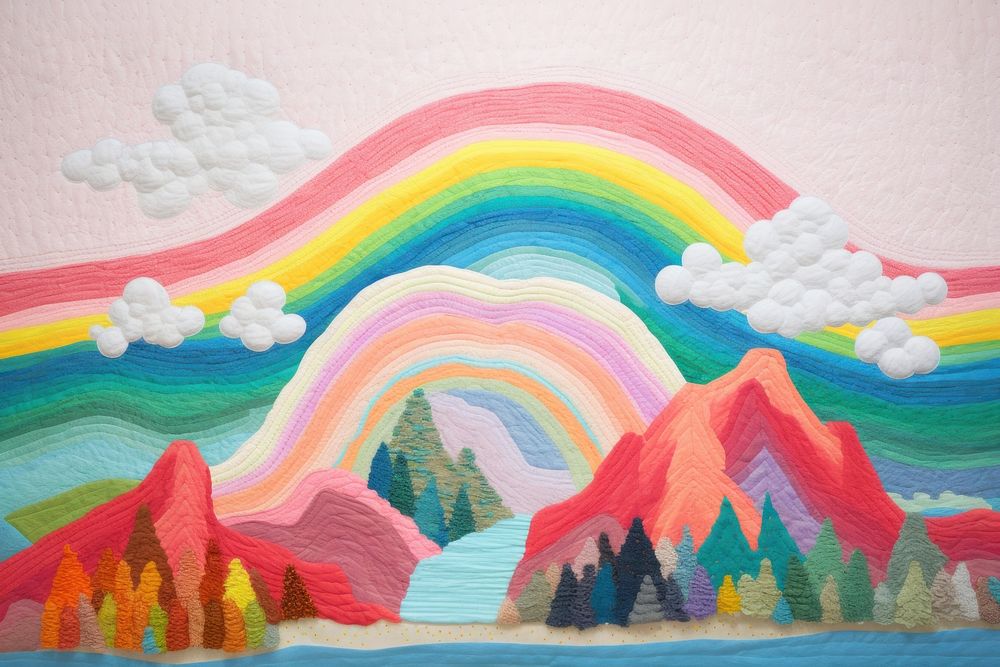 Minimal pastel rainbow cross the mountrain landscape painting textile.
