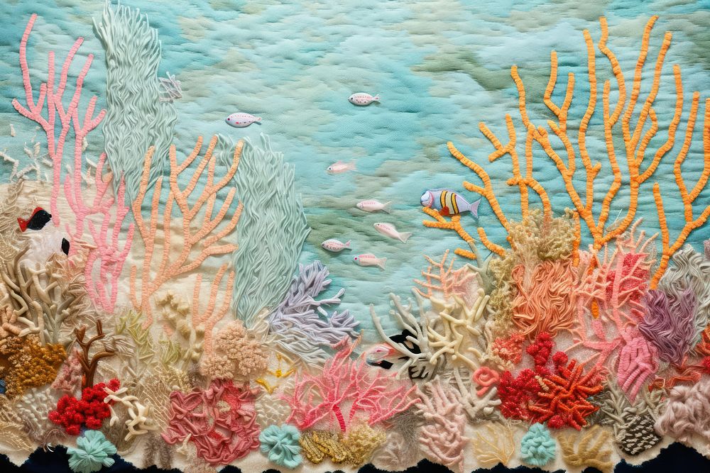 Minimal oral reef in the ocean embroidery textile pattern.