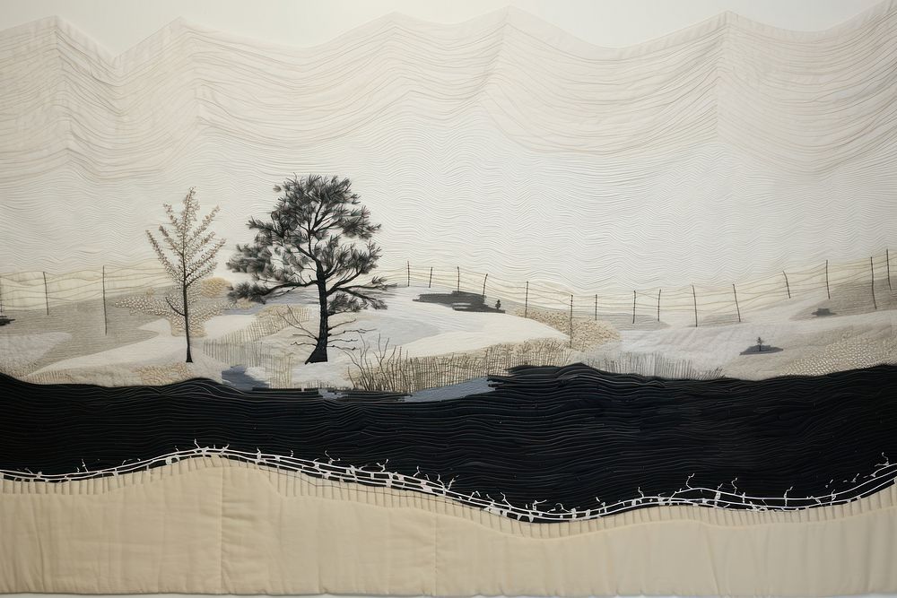 Minimal winter lanscape landscape drawing textile.