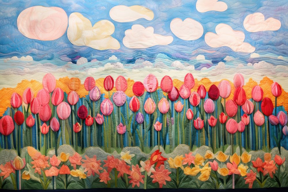 Minimal tulip field landscape painting flower.