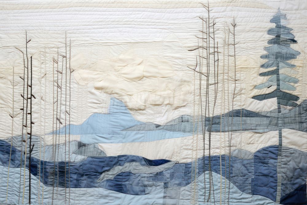 Minimal pastel winter landscape textile quilt art.