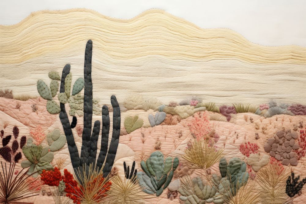 Minimal cactus on the dune embroidery landscape pattern.