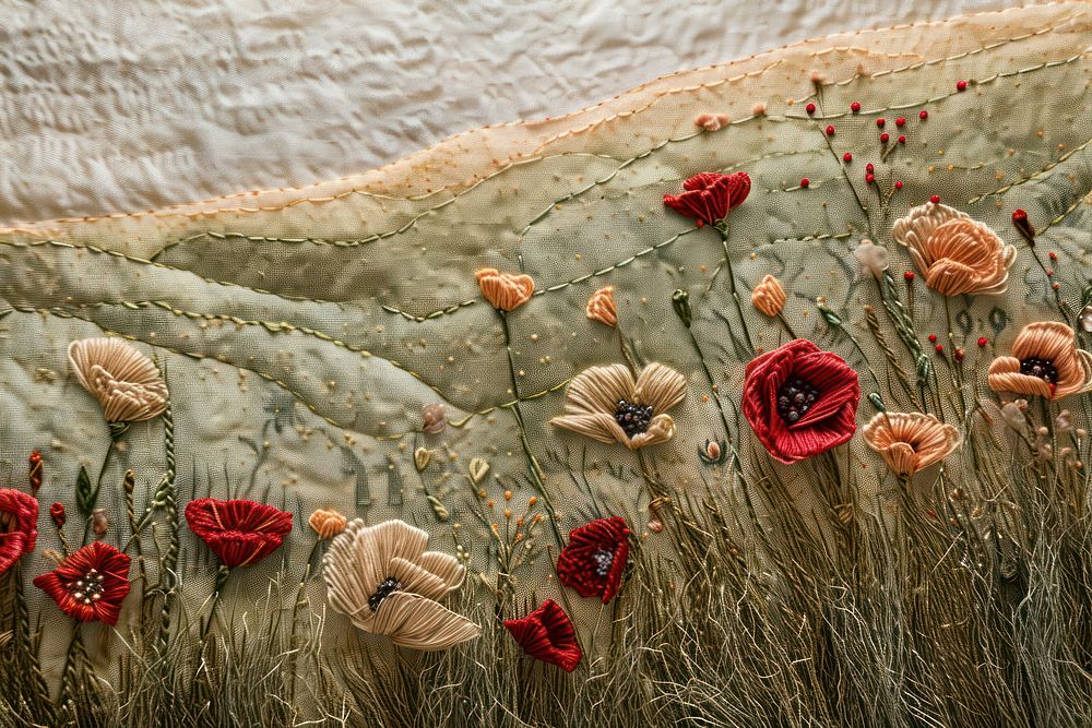 Minimal poppy field embroidery textile pattern.