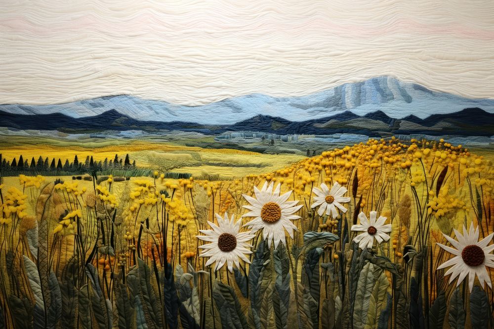 Minimal sunflower field landscape outdoors painting.