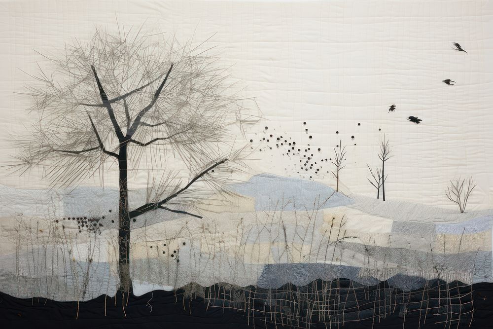 Minimal winter lanscape painting drawing sketch.