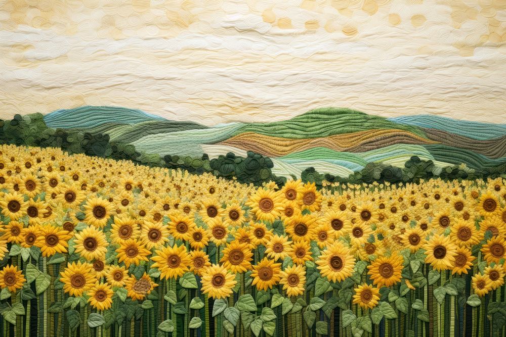 Minimal sunflower field landscape outdoors painting.