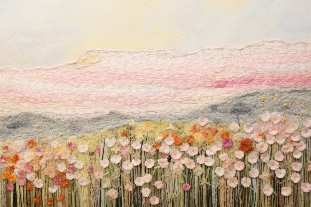 Minimal pastel blossom field landscape painting textile.
