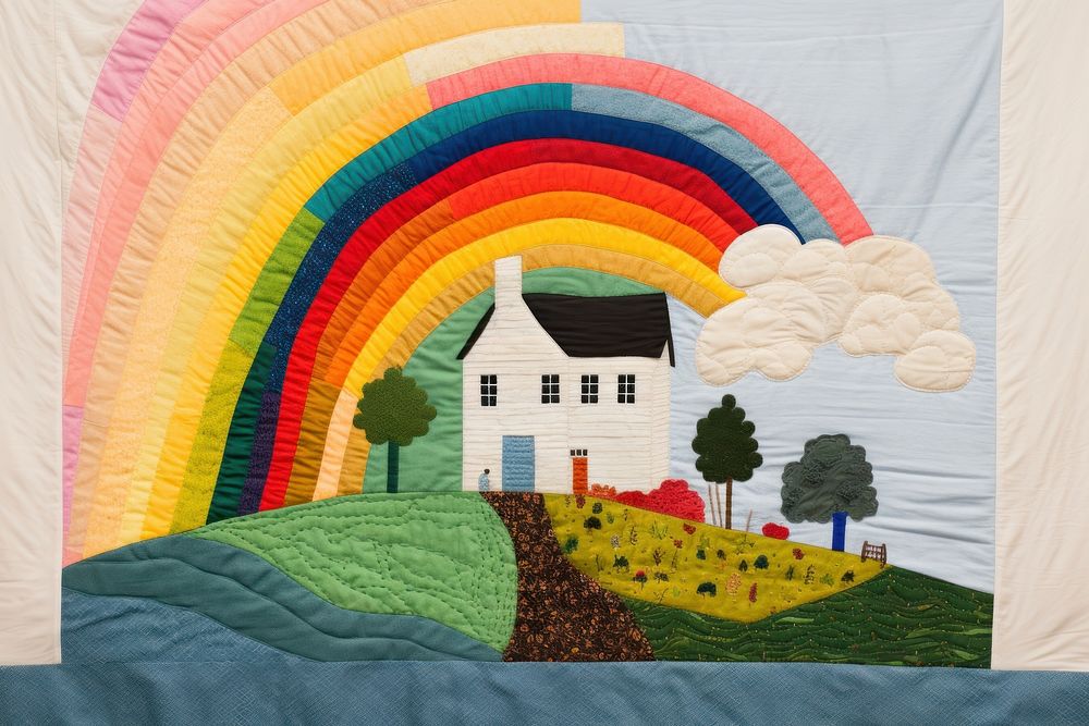 Rainbow with house in green farm quilt landscape patchwork.