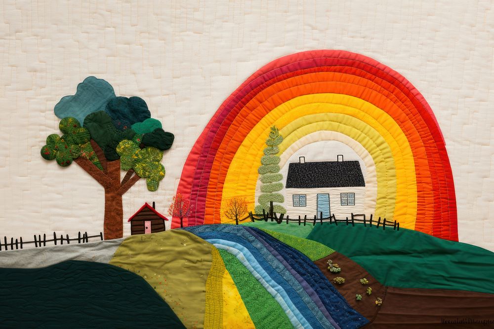 Rainbow with house in green farm landscape textile pattern.