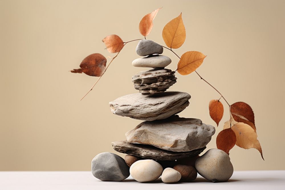 A pile of rocks sitting on top of a table plant leaf art. AI generated Image by rawpixel.