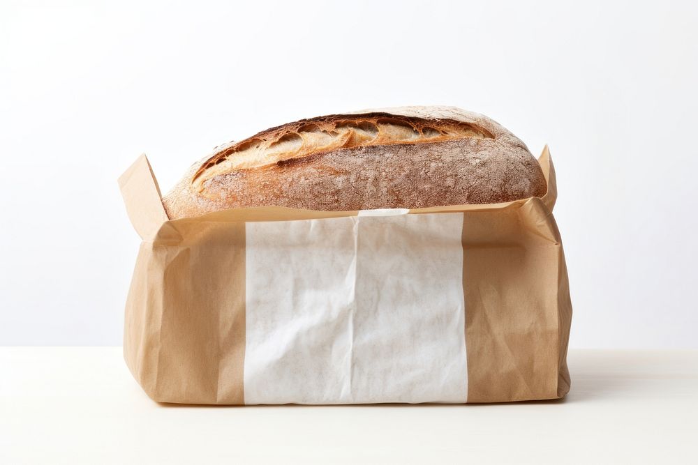 Bread packaging paper bag  food white background studio shot.