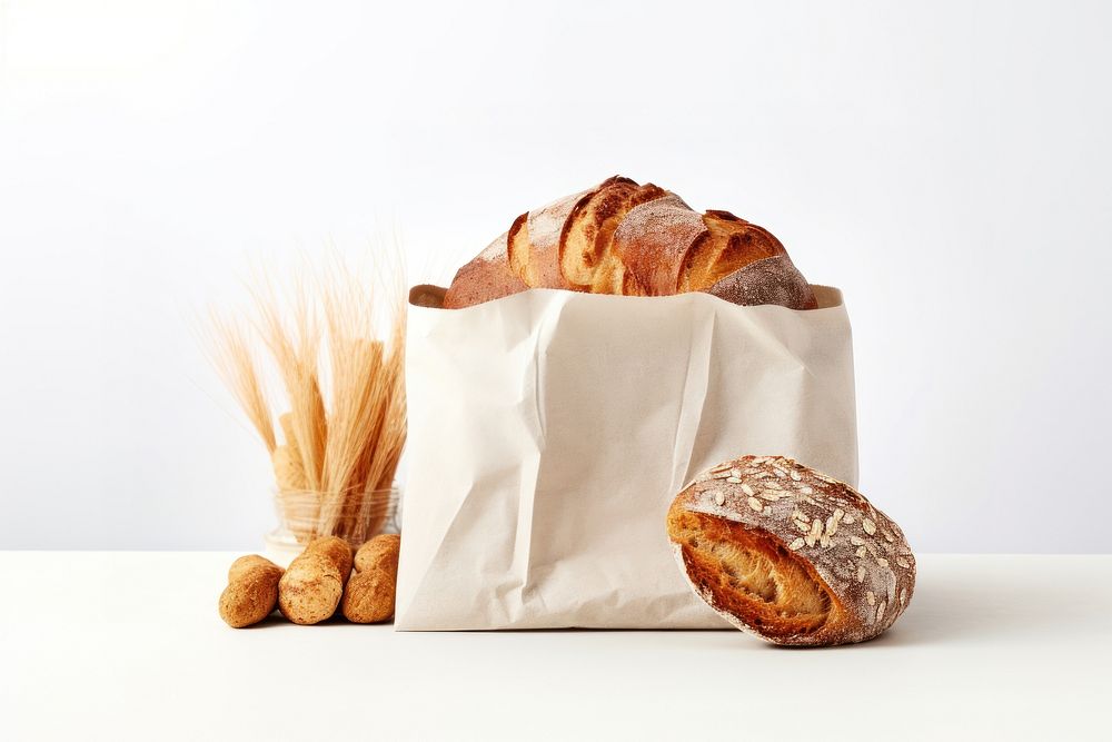 Bread packaging paper bag  food white background viennoiserie.