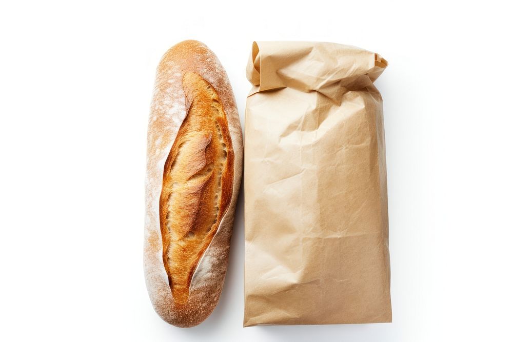 Bread packaging paper bag  baguette food white background.