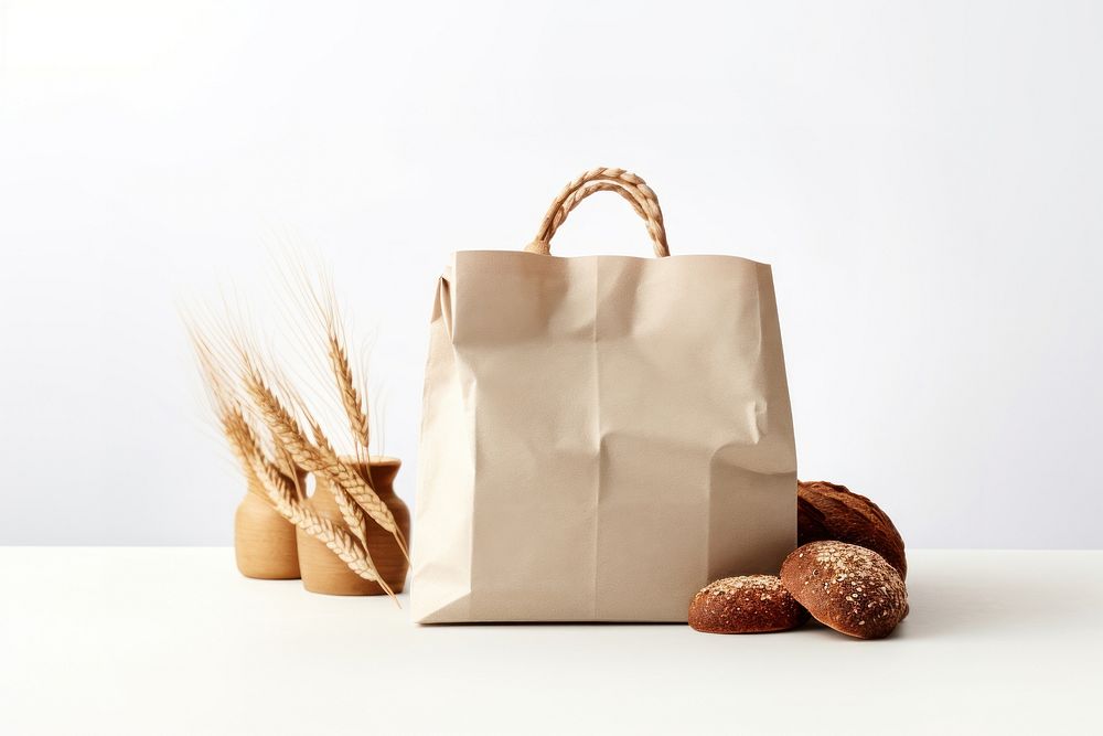 Bread packaging paper bag  handbag food studio shot.