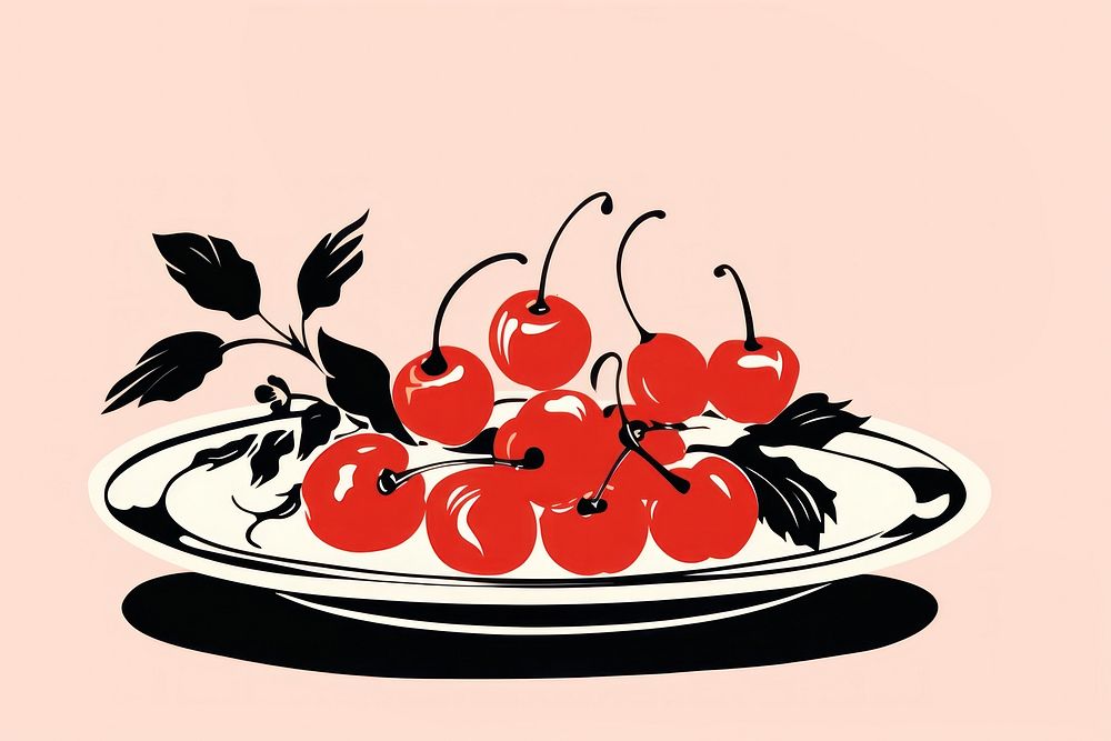 A plate with some cherrys and flowers on a table fruit plant food. AI generated Image by rawpixel.