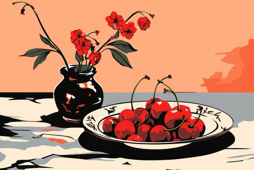 A plate with some cherrys and flowers on a table fruit plant food. AI generated Image by rawpixel.