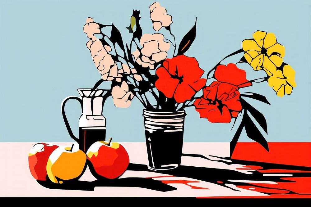 Some apples and flowers on a table art painting plant. AI generated Image by rawpixel.