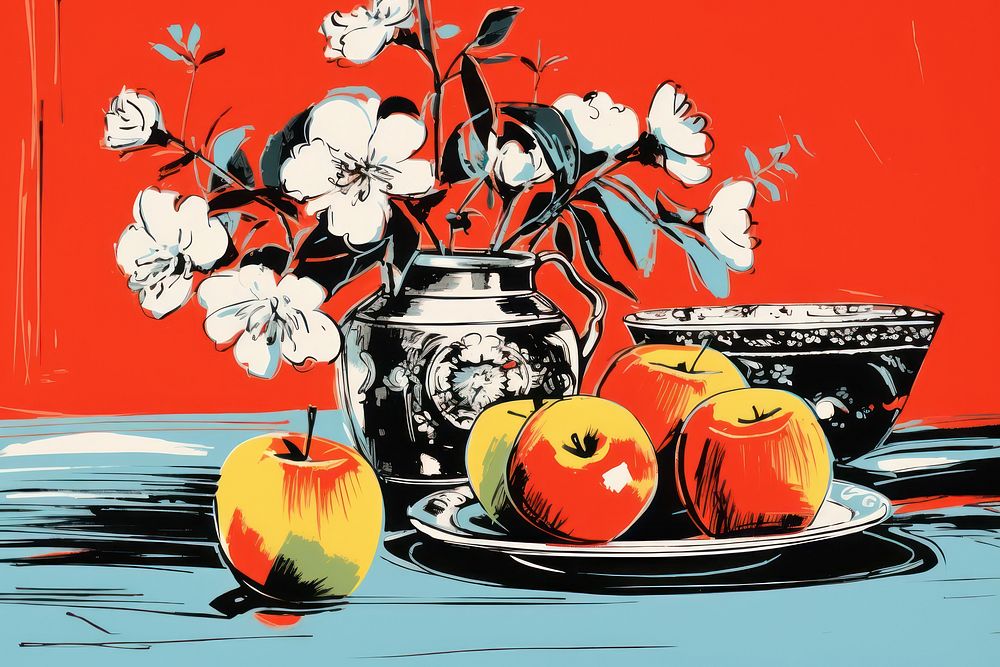 Some apples and flowers on a table art painting tangerine. AI generated Image by rawpixel.