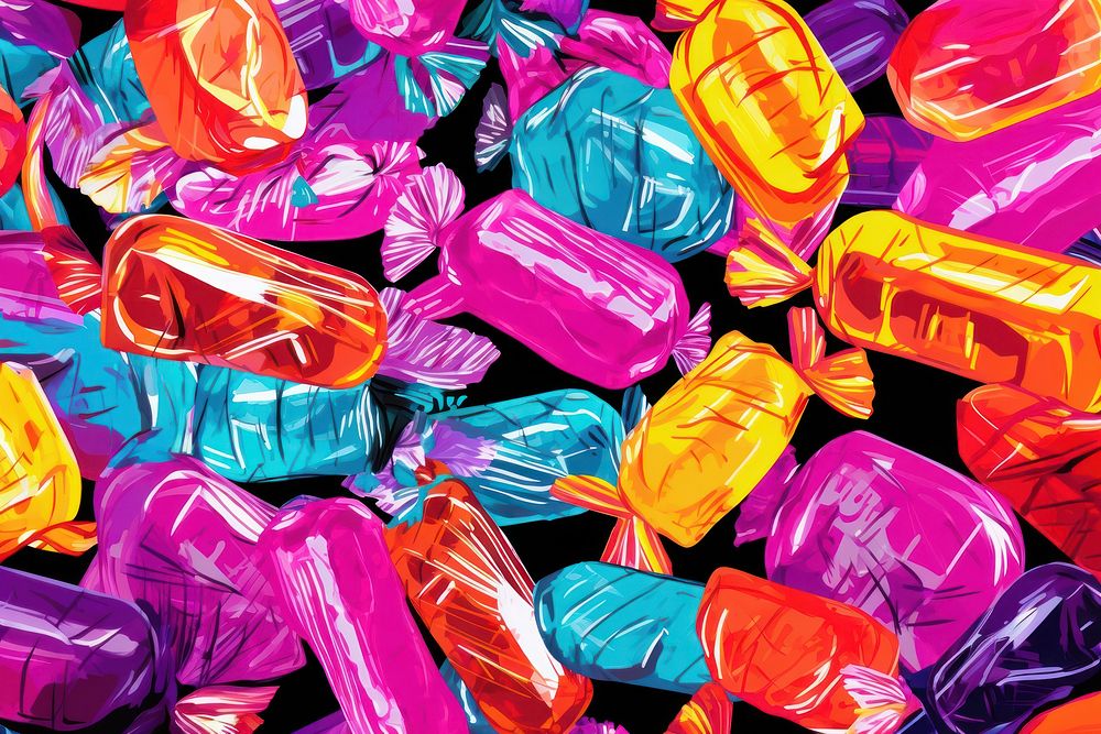 Candies in wrappers pattern candy confectionery backgrounds. AI generated Image by rawpixel.